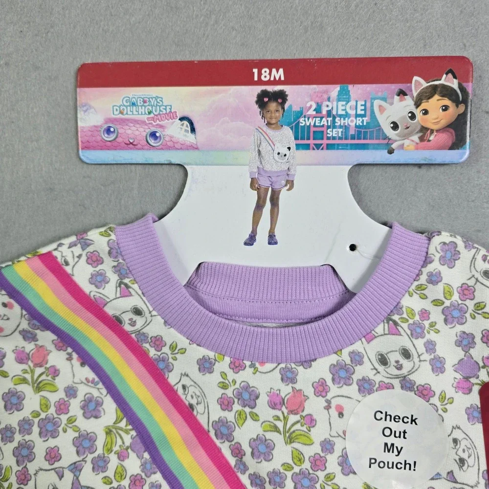 Gabby's Dollhouse Sweat Short Set Kids 18M Purple Floral Pandy Paws 2pc Outfit